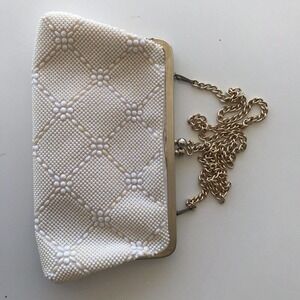 Vintage Beaded Clutch White W Gold Shoulder Chain Hong Kong